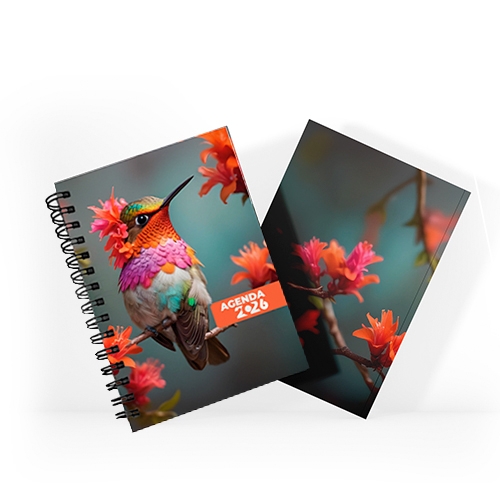 Agenda 2026 tamanho 15x21cm com capa dura em papel empastada com cartão e debrú laminação Prolan, lombada quadrada ou wire-o e miolo pronto